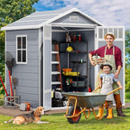 DWVO 6x4.4 FT Outdoor Storage Shed with Fence-Style and Side Windows, Lockable Door, and Vents Resin Storage Shed for Garden Backyard Patio Lawn