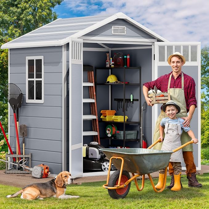 DWVO 6x4.4 FT Outdoor Storage Shed with Fence-Style and Side Windows, Lockable Door, and Vents Resin Storage Shed for Garden Backyard Patio Lawn