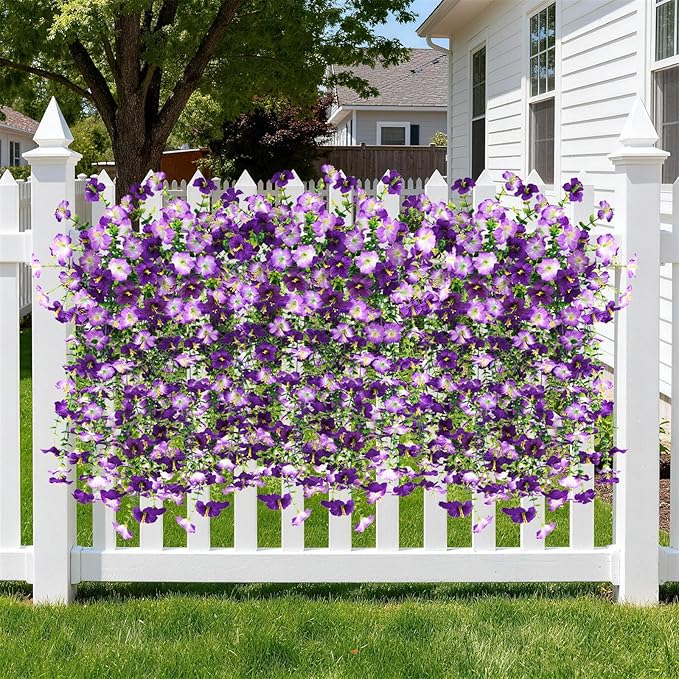 Artificial Fake Hanging Flowers Plants for Outdoor Spring Decoration,2 PCS Faux Silk Morning Glory with Eucalyptus Leaves,UV Resistant Realistic Outdoor Flowers for Balcony Porch Patio Yard Garden