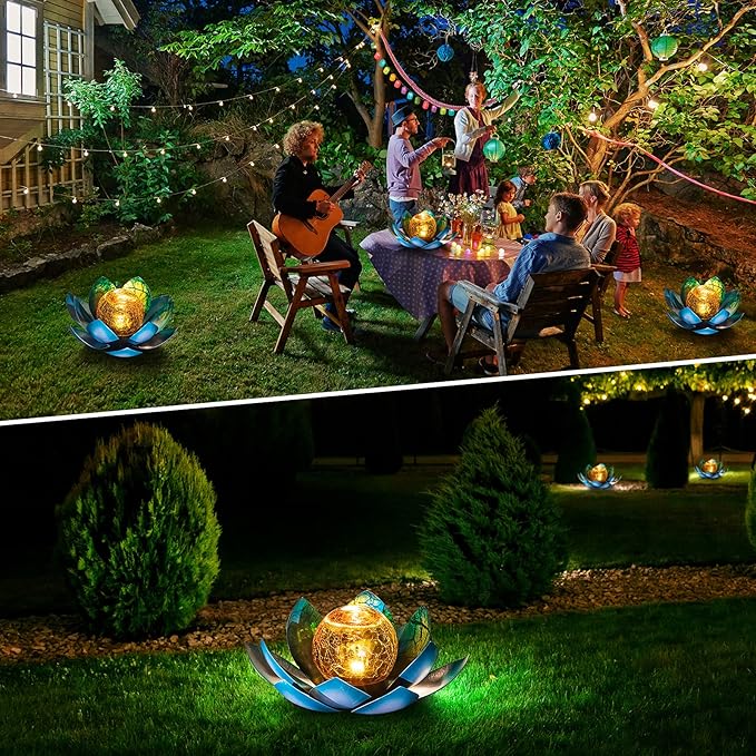 AIINY Solar Light Outdoor(2Pack), Art Crackle Globe Glass Lotus Decoration, Solar LED Waterproof Blue Metal Flower Lights for Patio,Lawn,Walkway,Tabletop