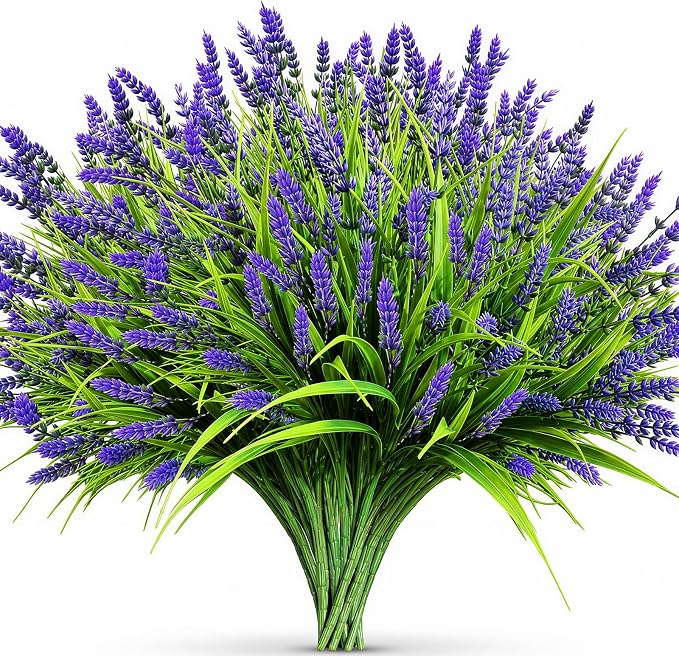Artificial Flowers Outdoor Faux Lavender & Monkey Grass Fake Plants, UV Resistant for Garden Porch Patio Hanging Planter (12, Purple)