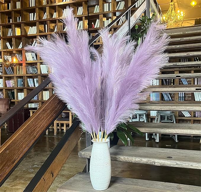 Premium Faux Lilac Purple Pampas Grass – 43.3" Tall Fluffy Decor, 8pcs 18-Branch One-Piece Stems No Assembly, Luxury Silk-Feel Feather Flowers for Boho Wedding Dreamy Home Decor, Lavender 8 Stems110cm