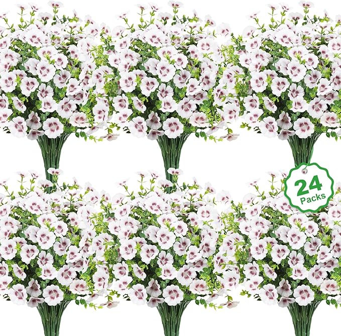 24 Bundles Artificial Flowers for Outdoors Fake Silk Flowers UV Resistant Faux Plants Eucalyptus for Spring Summer Decoration Planters Table Vase Garden Yard Porch Window Home Decor, White