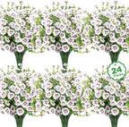 24 Bundles Artificial Flowers for Outdoors Fake Silk Flowers UV Resistant Faux Plants Eucalyptus for Spring Summer Decoration Planters Table Vase Garden Yard Porch Window Home Decor, White