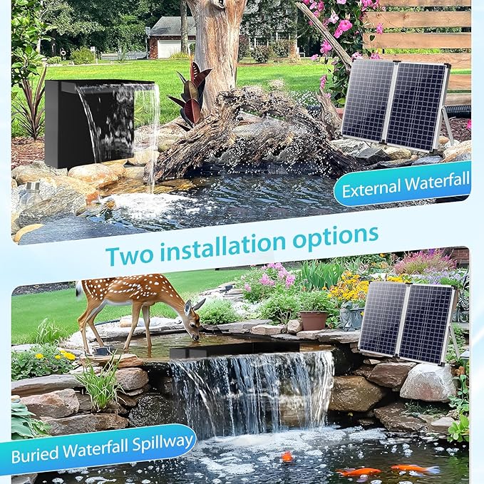 POPOSOAP 70W Solar Pond Waterfall Spillway Kit, 304 Stainless Steel Pondless Waterfall Box with 10FT Corrugated Tubing, 4 Pcs Filter Brushes, 580GPH Solar Powered Water Pump for Garden Ponds