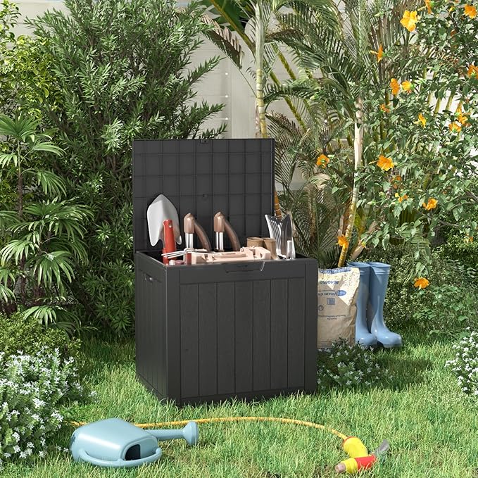 PatioZen 31 Gallon Resin Deck Box, Lockable Patio Outdoor Storage Box for Furniture, Garden Tools and Tools Storage, Waterproof Outside Storage Boxes - Black