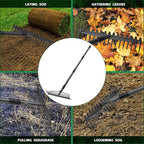 63'' Bow Rake ，17 Tines Metal Head Rakes with Stainless Steel Handle，Heavy Duty Garden Rake for Loosening Soil Gathering Leaf Leveling Lawn Farming Land Management Yarn Thatch Rake