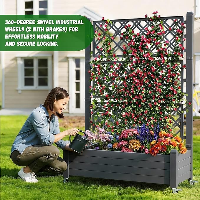 Elevated Raised Garden Bed with Trellis, 21 Gallon Self-Watering Outdoor Resin Planter Box with Lockable Wheels Drain Plug & Water Monitor for Plants Vegetables Flowers Fruits (Black)