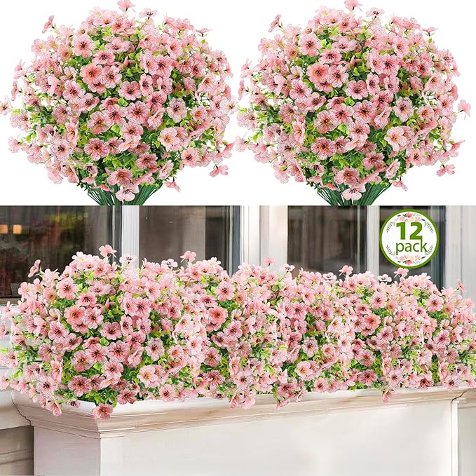 ATTGREAT Artificial Flowers Outdoor Faux Plants UV Resistant Fake Patio Flowers Plastic Greenery Plnats Outside Bulk for Spring Garden Hanging Planter Home Vase Decor, 12 Bundles (Pink)