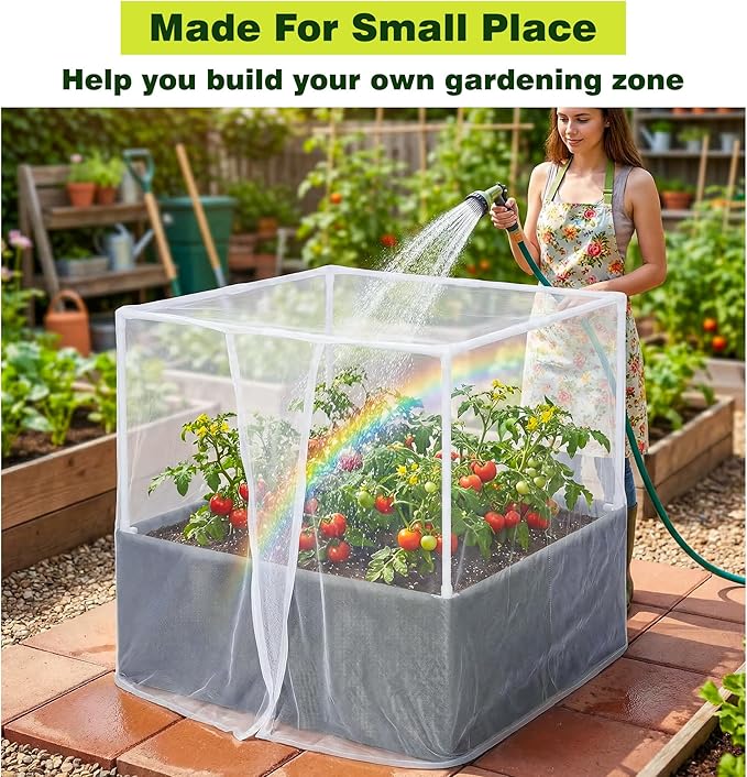 UNIFAMILY 2X2X1 FT Fabric Raised Garden Bed Kit, Breathable Raised Garden Bed with Cover, Garden Beds Outdoor with Plant Protection Mesh Netting for Vegetable, Flower, Herbs and Strawberry