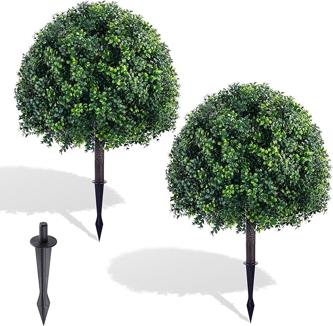 28 Inch Artificial Boxwood Trees, 2 Sets Faux Boxwood Topiary with Spikes, Pot Filler Fake Shrubs Plants for Outdoor Planters, Round Topiary Bush Balls Front Porch Home Garden Spring Decor