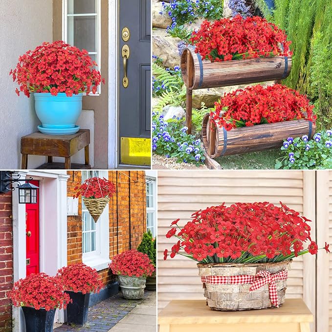 Ouddy Decor 12 Bundles Artificial Flowers for Decorations Fake Silk Plants for Outdoor Indoor UV Resistant Faux Plastic Greenery Stems for Window Box Garden Porch Home Spring Decoration, Red
