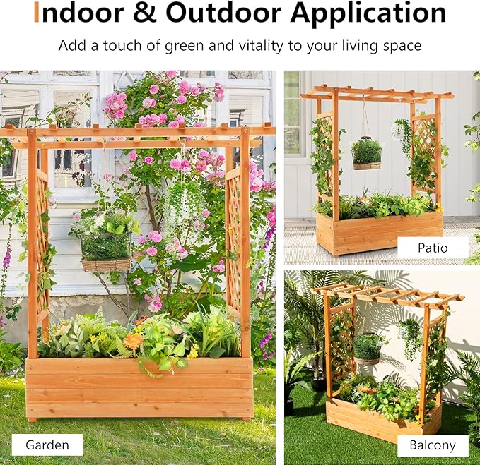 MAT EXPERT Raised Garden Bed with Trellis & Hanging Roof, Lattice Panel with Drainage Hole for Flower, Climbing Plant, Herb, Planter Box for Garden, Patio, Yard (2, 43.5" x 17.5" x 44" (L x W x H))
