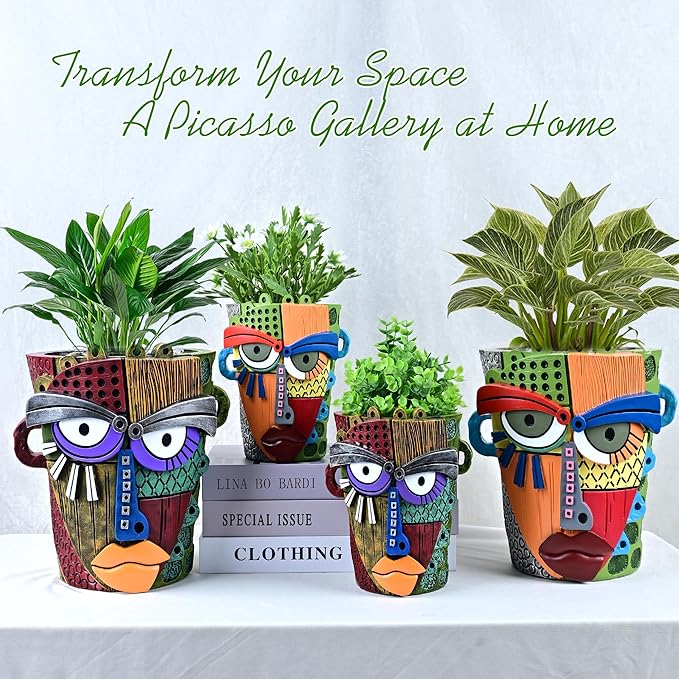 Midogaigai Abstract Face Planter Pots for Plants,Hand-Painted Colorful Flower Pots with Drainage, Indoor Outdoor Garden Decor Gift(Classic,Large)