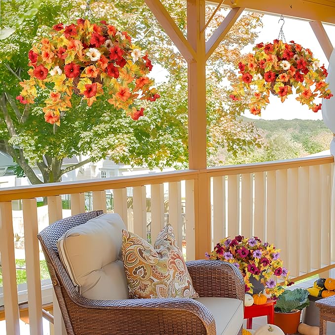 Ammyoo Artificial Fake Fall Flowers with Hanging Basket Plants for Outdoor Decoration, Silk Faux Flower UV Resistant Petunias for Home Porch Patio Garden Balcony Yard Decor Real Looking(Orange White)