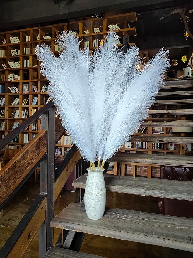 Premium Faux White Pampas Grass Decor 8pcs 43.3″ – Pure Cream Tall Fluffy Feather Flowers, No Assembly 18-Branch One-Piece Stems for Wedding Boho & Minimalist Home Decor, Floor Vase Arrangement