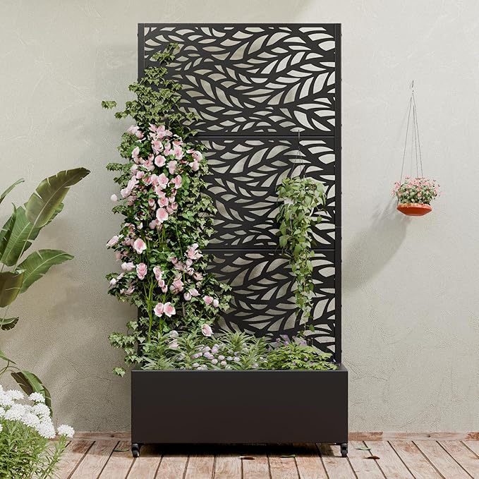 Casaphoria Metal Raised Garden Bed with Trellis and Wheels, 72"x35"x16" Planter Box for Climbing Plants, Vegetables & Vines, Features Drainage Holes and Privacy Screen (Black-Spring)