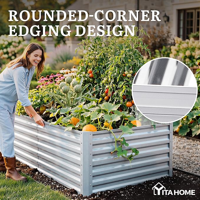 YITAHOME 6x3x2ft Large Raised Garden Bed Kit, Galvanized Metal Planter Box with Gloves, Support Rod, Outdoor Above Ground Planters for Plants, Vegetables, Flowers, Silver