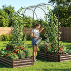 SUNYRISY Galvanized Raised Garden Bed with 87" H Arch Trellis for Climbing Plants Outdoor, Large Metal Planter Box with Netting for Gardening Flowers Vegetables Fruit, Wood Grain