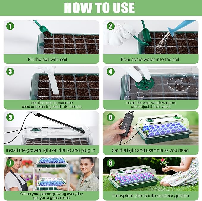 Saillong 4 Pack Seed Starter Tray with Grow Light, 80 Cell Indoor Greenhouse Seed Starting Set with Humidity Dome, 360° Full Spectrum LED, Smart Timer, 5 Brightness Levels for Germination
