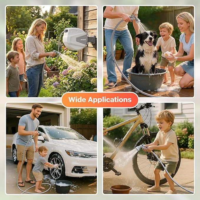 Ayleid Retractable Garden Hose Reel,1/2 in x 100 ft Wall Mounted Hose Reel, with 9- Function Sprayer Nozzle, Any Length Lock/Slow Return System/Wall Mounted/180°Swivel Bracket (Gray)