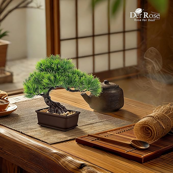 Der Rose 2Pcs Small Fake Plants Artificial Bonsai Tree Set Ficus and Cedar for Office Desk Shelf Room Home Zen Decor Indoor