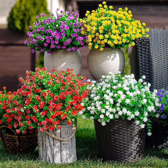 Artificial Flowers for Outdoors Fake Plants - 12 Bundles Faux Outside Greenery Boxwood No Fade Plastic Shrubs Fall Decor Farmhouse Home Garden (White)