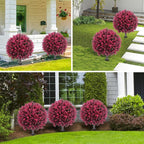 Artificial Red Eucalyptus Topiary Ball Tree 24" with Ground Spike, Set of 2 Artificial Boxwood Bushes for Faux Shrubs, Fake Evergreen Faux Plant for Indoor Outdoor Garden -UV Resistant–Fade-Proof