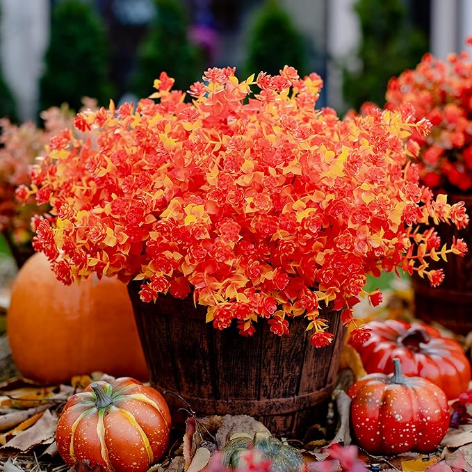 Artificial Fall Flowers Outdoor Fake Mums - 12 Bundles Fake Plants UV Resistant No Fade Faux Plastic Greenery Garden Porch Patio Fall Home Decor (OrangeYellow)