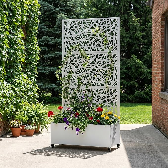 Casaphoria Metal Raised Garden Bed with Trellis and Wheels, 72"x35"x16" Planter Box for Climbing Plants, Vegetables & Vines, Features Drainage Holes and Privacy Screen, White-Net