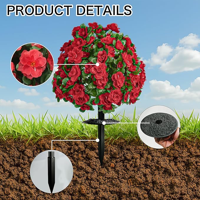 Artificial Flowers for Outdoors, Faux Outdoor Plants Fake Plants Topiary Balls Artificial Outdoor Set of 2 with Ground Spike for Home Front Porch Patio Garden Decor (Red)