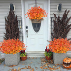AmyHomie 16 Bundles Mix Orange Artificial Fall Flowers for Outdoor Fall Decor UV Resistant Fake Mums No Fade Fake Plastic Plants Garden Porch Window Box Decorating