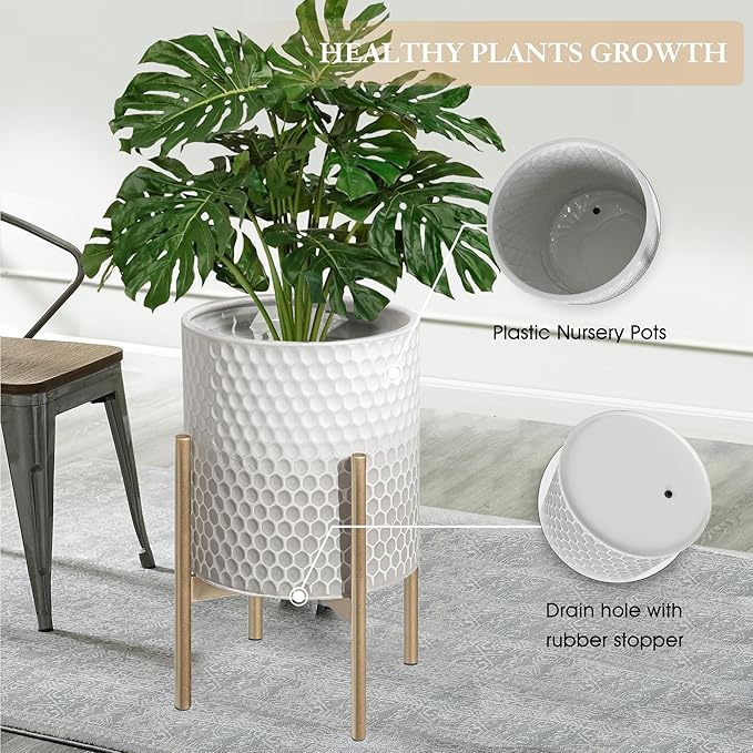 Oakrain Planters for Indoor Plants, Set of 2 Modern Planter with Stand, Decorative Metal Planter Pots for Living Room, Office, Garden, Balcony, 10"&12", White-Grey Gradient