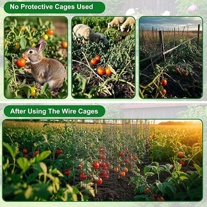 winemana 12 Set Garden Plant Protector Cage,36 Pcs 16x12 in Metal Wire Protectors for Plants Protection Cages with Stakes Ties Animals Barrier to Keep Rabbit Chicken Away from Flower Vegetables(Black)