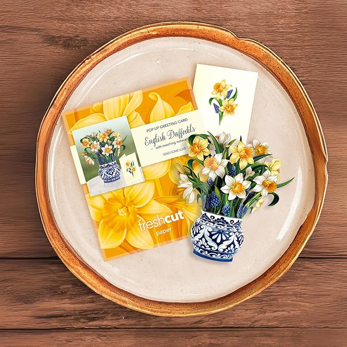 Freshcut Paper Pop Up Cards, Mini English Daffodils, 6 Inch Mini Sized Forever Flower Bouquet 3D Popup Greeting Cards, Birthday Cards, Get Well Gifts, Blank Notecard & Envelope