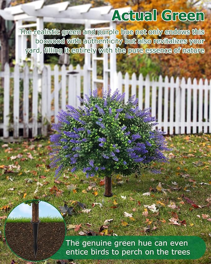 27.55 Inch Artificial Boxwood Trees, 2 Sets Faux Lavender Topiary with Spikes, Pot Filler Fake Shrubs Plants for Outdoor Planters, Round Topiary Bush Balls Front Porch Home Garden Spring Decor