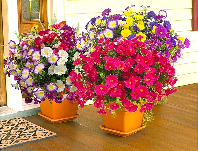 Artificial Faux Flowers for Outdoors, 12 Bundles Artificial Plants Outdoor UV Resistant, Fake Morning Glory Silk Flowers for Outside Planter Porch Patio Yard-Rose Red