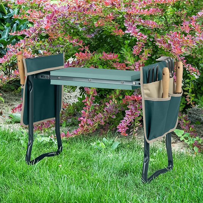 Garden Kneeler and Seat - 2-in-1 Foldable Garden Kneeling Pad and Stool with Removable Pockets for Gardening Tools - Gardening Gifts for Women, Mom, Dad, Seniors or Grandparents by Pure Garden (Green)