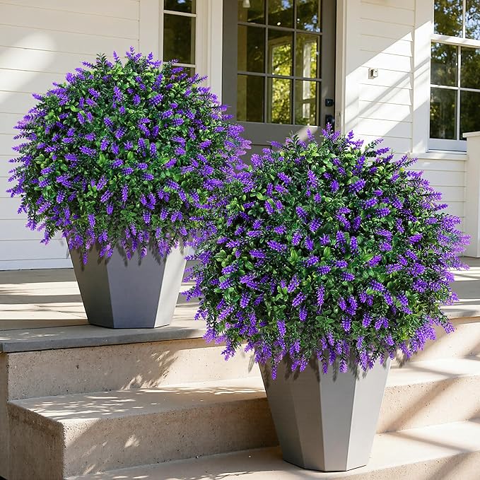 HyeFlora 2 Pack Artificial Topiary Boxwood Ball Trees with Lavender Fake Plants for Outdoor Indoor Artificial Shrubs with Ground Spike UV Resistant Fake Bushes for Front Porch Garden (Purple Lavender)