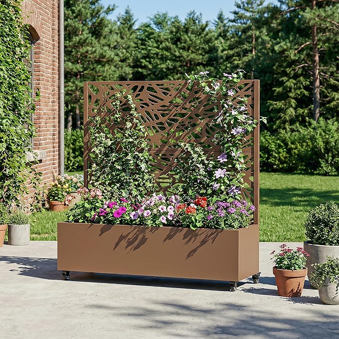 Casaphoria Metal Raised Garden Bed with Trellis and Wheels, 47"x47"x16" Planter Box for Climbing Plants, Vegetables & Vines, Features Drainage Holes and Privacy Screen, Brown-Net