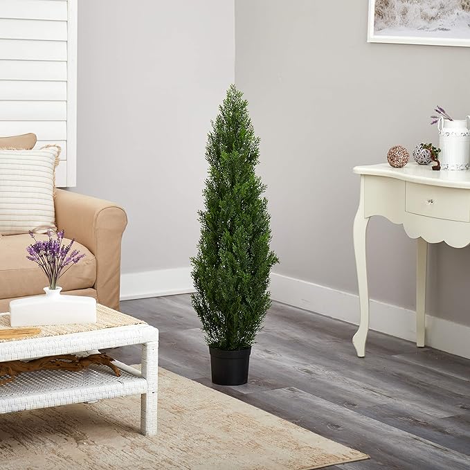 Nearly Natural 4ft Faux Cedar Tree in Nursery Planter, UV Resistant Artificial Pine Tree for Outdoor Front Porch Patio Entryway Decor