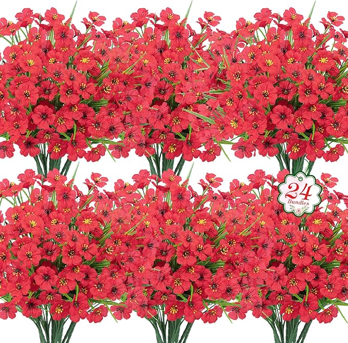 Roberly 24 Bundles Artificial Flowers for Outdoors UV Resistant Silk Fake Flowers Faux Plastic Plants for Porch Garden Window Box Indoor Outdoor Spring Summer Home Farmhouse Decor, Red