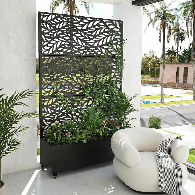 Casaphoria Metal Raised Garden Bed with Trellis and Wheels, 72"x47"x16" Planter Box for Climbing Plants, Vegetables & Vines, Features Drainage Holes and Privacy Screen (Black-Spring)