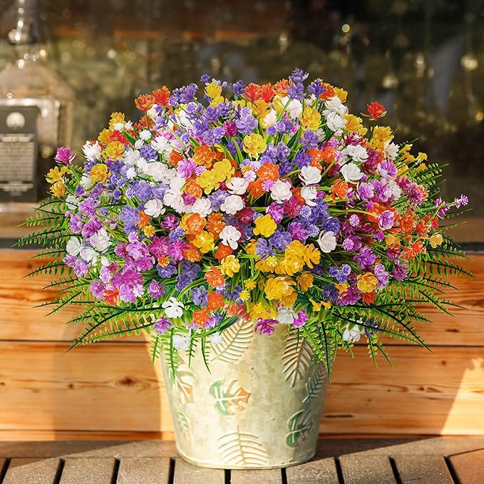 Der Rose 24 Bundles UV Resistant Artificial Flowers for Outdoors Faux Ferns Fake Plastic Flowers for Spring Home Garden Courtyard Patio Front Porch Decor