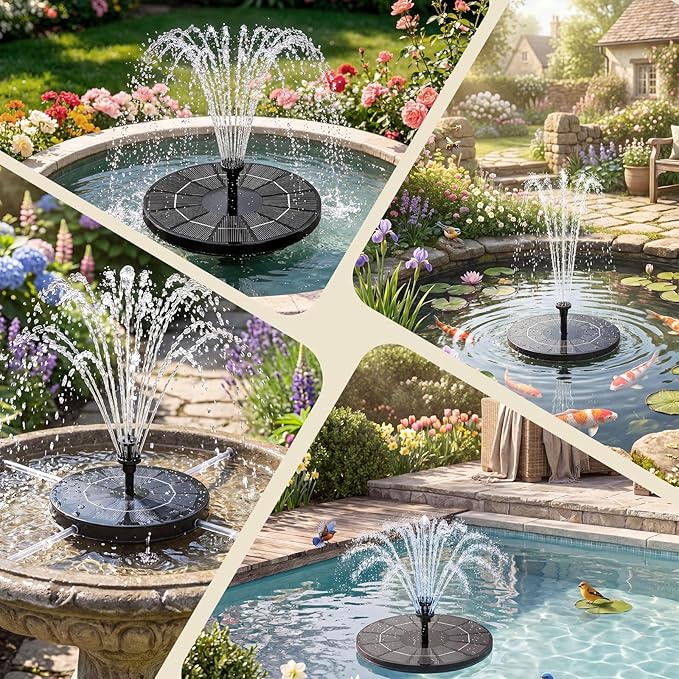 AISITIN 3.5W Solar Fountain Pump Built-in 1500mAh Battery, Bird Bath Fountain with 6 Nozzles, Solar Floating Water Pump for Bird Bath, Fish Tank, Pond, Pool, Garden and Outdoor