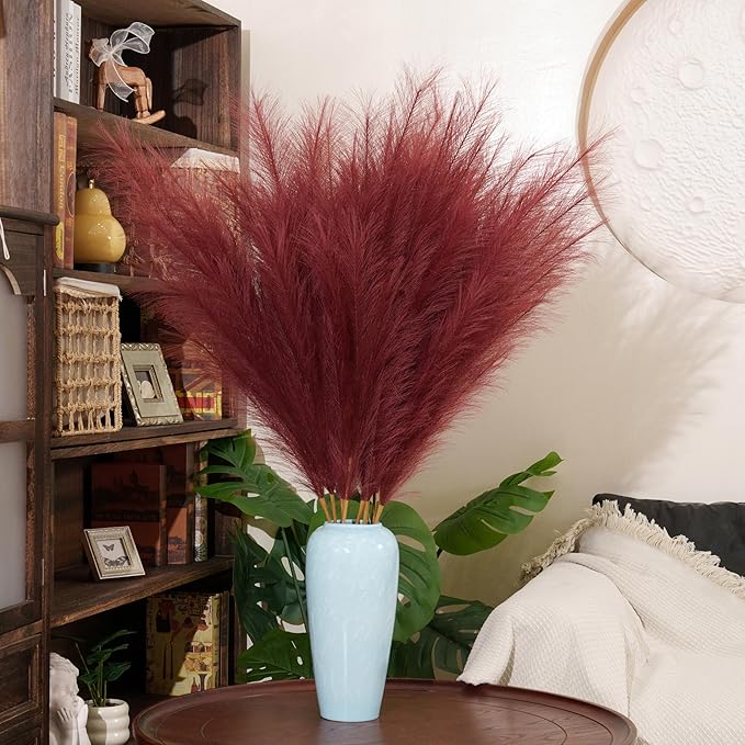 Premium Faux Burgundy Red Pampas Grass – 43.3" Tall Fluffy Romantic Decor, 8pcs 18-Branch One-Piece Stems No Assembly, Luxury Feather Flowers for Wedding Holiday Decor (Claret Red, 8 Stems / 110cm)