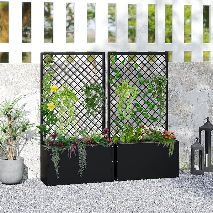 MOTION 2 Pcs Outdoor Raised Garden Bed with Trellis - Free Standing Planter for Hanging Flower Baskets Lattice Planter Boxes, Black