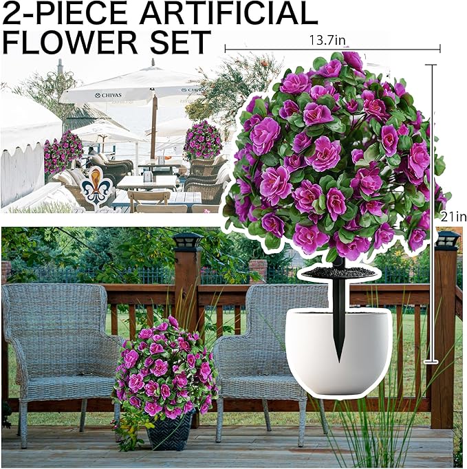 Artificial Flowers for Outdoors, Faux Outdoor Plants Fake Plants Topiary Balls Artificial Outdoor Set of 2 with Ground Spike for Home Front Porch Patio Garden Decor (Rose Purple)