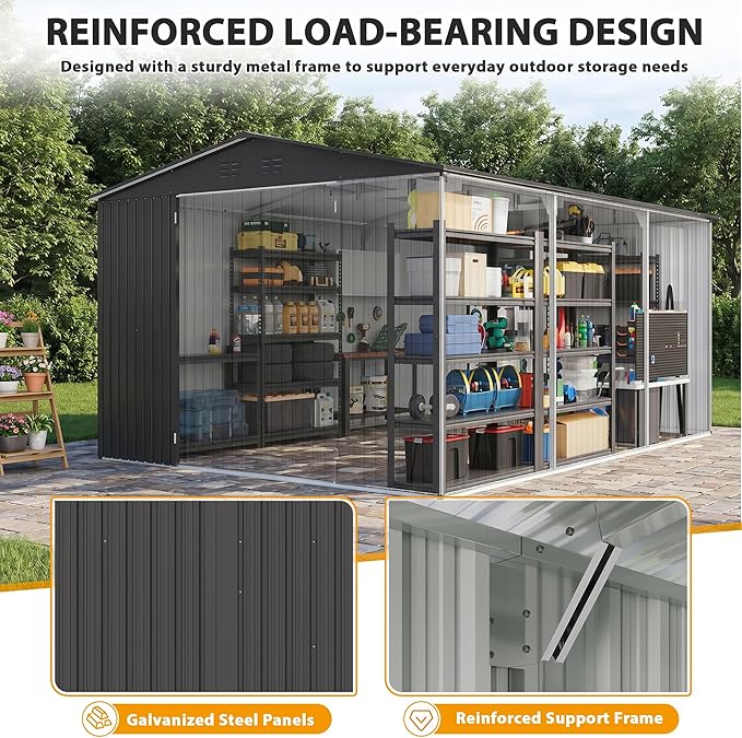 12x18 FT Outdoor Storage Shed, Metal Garden Shed with Lockable Door & Sloped Roof, Large Waterproof Utility Tool Shed for Backyard, Garden, Patio, Lawn, Black