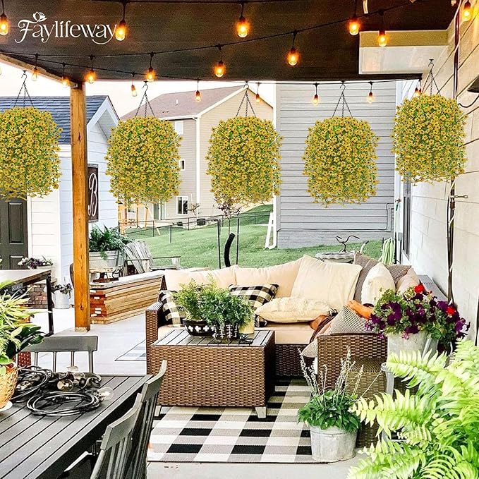 Artificial Hanging Flowers for Outdoors Spring Summer Decoration, 4PCS UV Resistant Silk Fake Hanging Plants for Patio Porch Front Yard Window Garden Indoor Decor(Yellow,4PCS)